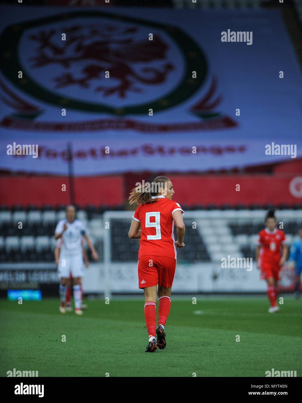 Stade Liberty, Swansea, Pays de Galles, 7 juin 2018 : Meilleur buteur de Galles au cours vert Kayleigh la Coupe du Monde féminine de la fifa groupe admissible un match entre le Pays de Galle Les femmes et les femmes en Bosnie-Herzégovine, au Liberty Stadium. © David Partridge / Alamy Live News Banque D'Images