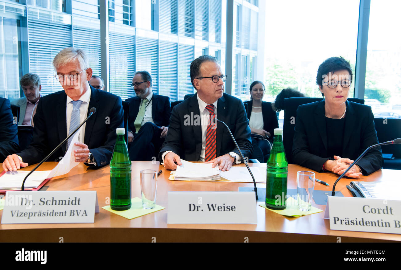 08 juin 2018, Allemagne, Berlin : Jutta Cordt (R), président de l'Office fédéral des migrations et des réfugiés (BAMF), ainsi que ses prédécesseurs Frank-Juergen Weise (C) et Manfred Schmidt (L) séance au cours de la session extraordinaire de l'intérieur Commission de l'affaire de l'Office fédéral des migrations et des réfugiés (Bamf, affaire) au Bundestag (parlement fédéral). L'affaire tourne autour de l'office sur le terrain du BAMF à Brême. BAMF employés sont pensés pour avoir accordé l'asile à au moins 1200 personnes sans base juridique suffisante, entre 2013 et 2016. Photo : Bernd von Jutrczenka/dpa Banque D'Images