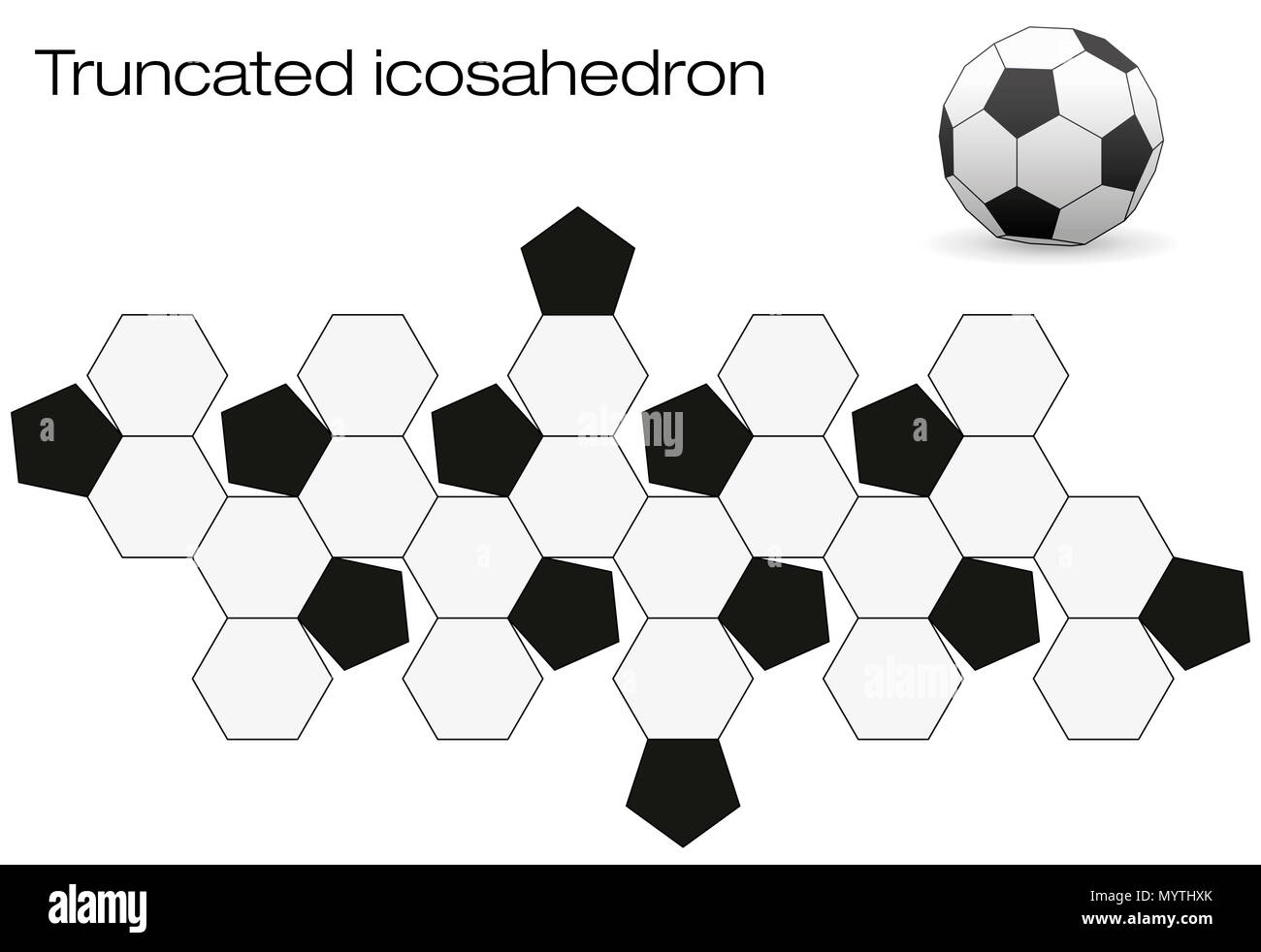 Surface dépliée d'un ballon de football. Polyèdre géométrique appelé icosaèdre tronqué, un solide d'Archimède avec douze et vingt noir faces blanches. Banque D'Images