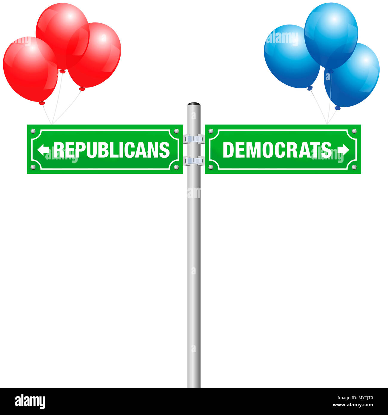 Démocrates ou républicains, écrit sur des plaques de rue avec des ballons rouges et bleus pour choisir ceux parti préféré, du gouvernement, de la politique, de l'idéologie. Banque D'Images