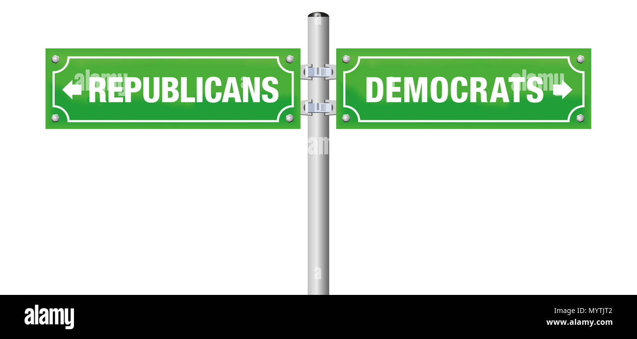 Républicains ou démocrates, écrit sur des plaques de rue pour choisir ceux parti préféré, du gouvernement, de la politique, de l'idéologie. Banque D'Images