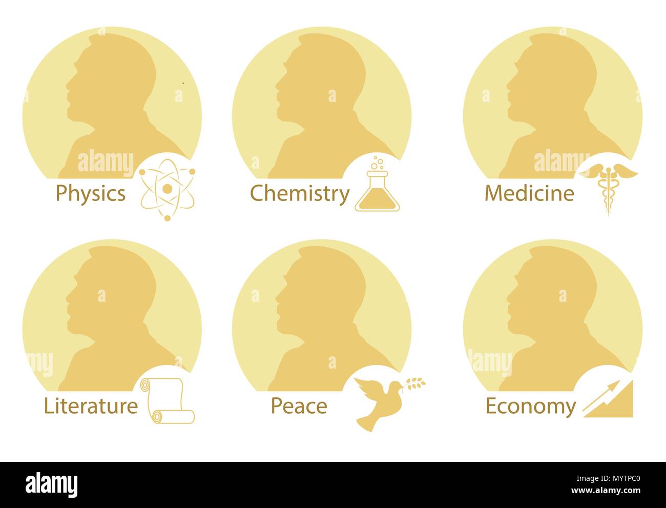 Ensemble de médailles Nobel stylisée. Silhouette de prix Nobel dans un style. Vector illustration. Illustration de Vecteur