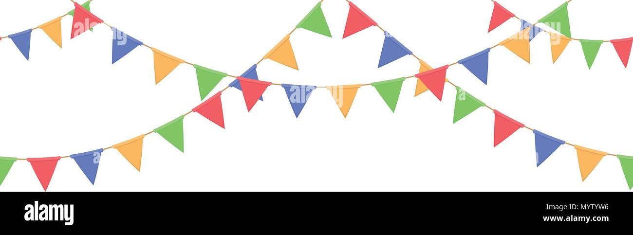 Guirlande transparente avec les drapeaux jaunes, célébration de la chaîne, bleu, rouge, vert pennons sur fond blanc, le pied et la bannière pour la décoration Illustration de Vecteur