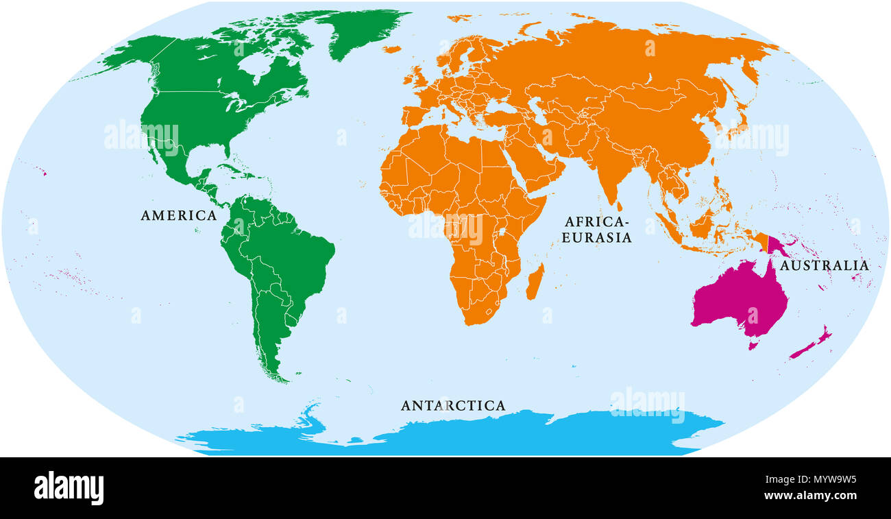Quatre continents carte du monde. L'Amérique, l'Australie et l'Antarctique, Africa-Eurasia. Carte politique avec les côtes et les frontières. Projection Robinson. Banque D'Images