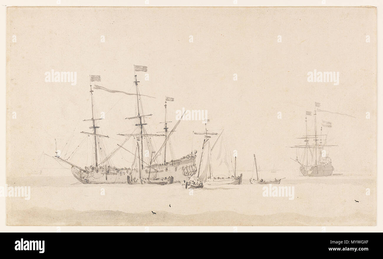 S1274 . vers 1666. Willem Van de Velde le jeune, 97 un navire néerlandais à l'ancre RMG S1274 Banque D'Images