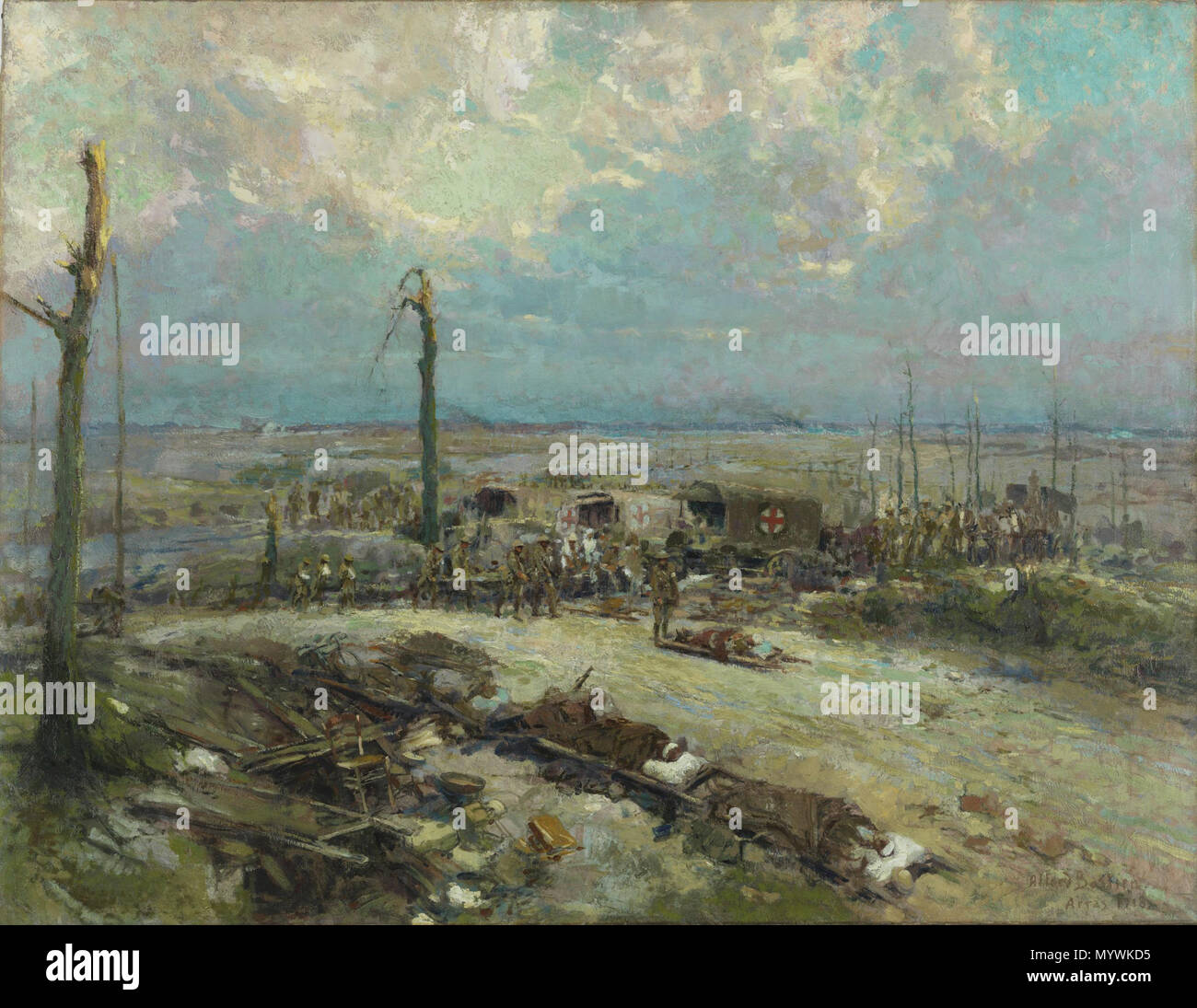 . Anglais : Peint par Alfred Bastien en 1918. Souvent un kilomètre et demi ou plus de la ligne de front, postes de secours comme celui-ci étaient l'un des premiers endroits où un soldat blessé pourrait recevoir des soins médicaux après l'évacuation de la bataille. L'artiste belge Alfred Bastien peint ce travail pour le Fonds de souvenirs de guerre canadiens en 1918. Blessé en 1915, tout en servant dans l'armée belge, il a eu une première expérience avec battlefield blessures. . Anglais : Poste de secours sur le terrain - Arras, 1918 . 1918 1 Alfred Théodore Joseph Bastien - Poste de secours sur le terrain - Arras 1918 (MCG 19710261-0 Banque D'Images
