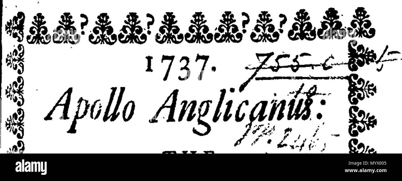 . Anglais : Fleuron du livre : Apollo Anglicanus : l'anglais apollo : aider toutes les personnes dans la bonne compréhension de cette année, les révolutions, comme aussi des choses passées, présentes et à venir. Un double Kalendar, à savoir Julian ou en anglais, et Grégorien ou calculs étrangers, plus lisse et plein d'autres ; avec le lever et le coucher du soleil, le lever et le coucher de la lune, et aussi son Southing, exactement calculé pour chaque jour. D'emploi général pour la plupart des hommes. Après avoir été le premier bissextile ou Leap-Year. Pour ce qui est ajouté à la demande de la Lune les étoiles fixes : avec le Ca Banque D'Images