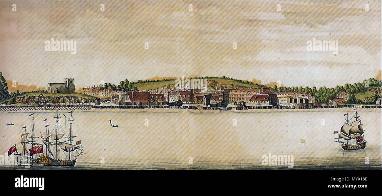 . Anglais : d'une vue sur la Tamise et de Woolwich Woolwich Arsenal, dans le Kent, puis, maintenant le sud-est de Londres, au Royaume-Uni. À gauche l'église paroissiale médiévale. Aquarelle de 1698 préparé pour le roi William III en vertu de l'Edmund batteur dans le volume à BL. La British Library, King's MS 43, 47-8 et suivants. . 20 février 2017, 23:08:46 L'arsenal de Woolwich, 1698 26 Banque D'Images