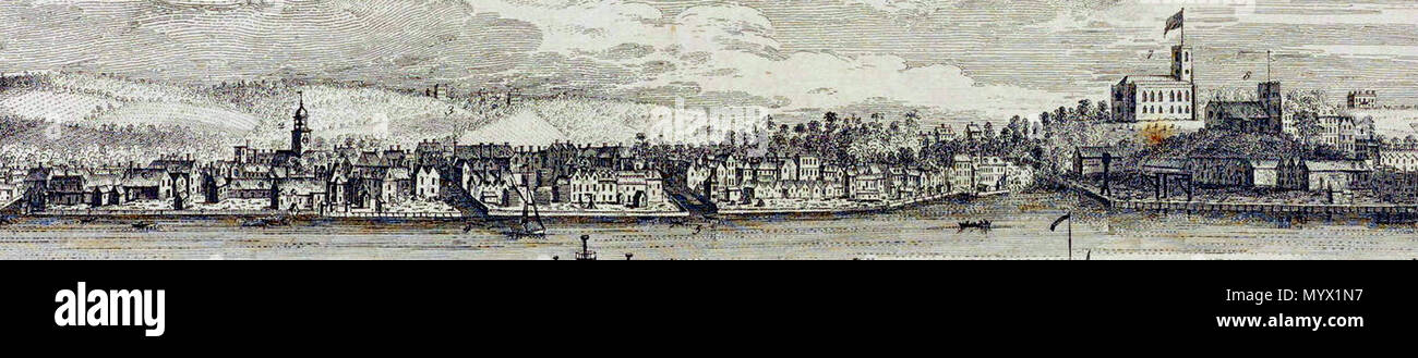 . Anglais : la perspective du nord de Woolwich, dans le comté de Kent. Détail d'une vue sur le vieux et Woolwich Woolwich Arsenal. Le clocher à gauche appartenait à l'Ropeyard Royal. Le droit à une rare vue de la cité médiévale et l'église paroissiale de style géorgien, qui n'existait que de 2 ou 3 ans. Gravure par Samuel et Nathaniel Buck (1739). Collection de la London Metropolitan Archives. . 14 mars 2017, 07:56:36. Samuel & Nathaniel Buck 25 avis de Woolwich Arsenal, &AMP ; S &AMP ; N Buck, 1739 LMA (détail 2a) Banque D'Images