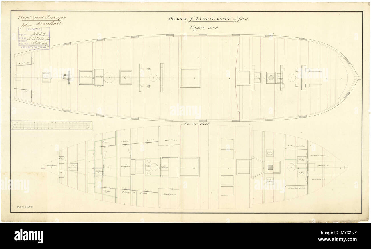 . Anglais : Atalante (1797) [Autre orthographe : Atalanta] Échelle : 1:48. Plan montrant le pont supérieur, et le pont inférieur avec les plates-formes d'avancement et de recul pour l'Atalante (1797) capturé, un Brick français capturés, comme installé à Plymouth Dockyard comme un canon de 16 Sloop de Brigue. Signé par John Marshall [Maître charpentier, Plymouth Dockyard, 1795-1801]. ATALANTE FL.1797 [Français] 385 Atalante (1797) (orthographe alternative- Atalanta) RMG J4515 Banque D'Images