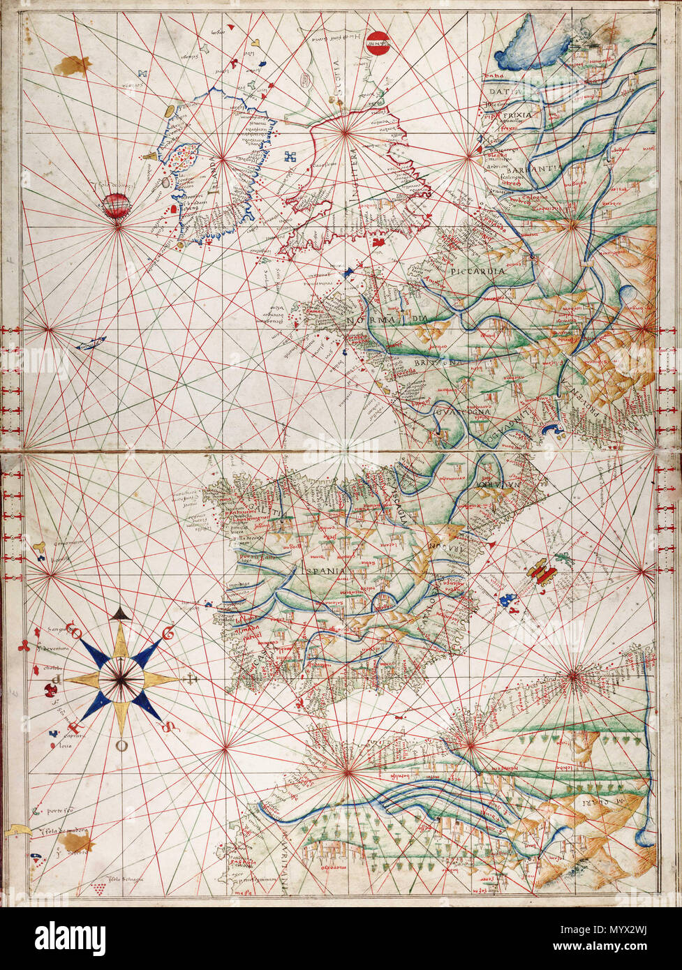 . Anglais : [côtes atlantiques de l'Europe et l'ouest méditerranéen]lié feuille. Le colonel ms. Support : papier vélin. Échelle : [ca. 1:6 000 000]. Table des matières Remarque : les villes ; rose des vents. bonne dans un atlas de 9 cartes graphiques et concertina plié-fashion avec A-J d'un côté et 1-8 de l'autre. Tous les éléments sont des loxodromies mais montrent aussi l'allégement terrestres et d'eau. P/36(F) E-Med W & Atlantique, Freducci . 1555. Freducci, Angelo de Conte 385 côtes atlantiques de l'Europe et l'ouest méditerranéen RMG F1763 Banque D'Images