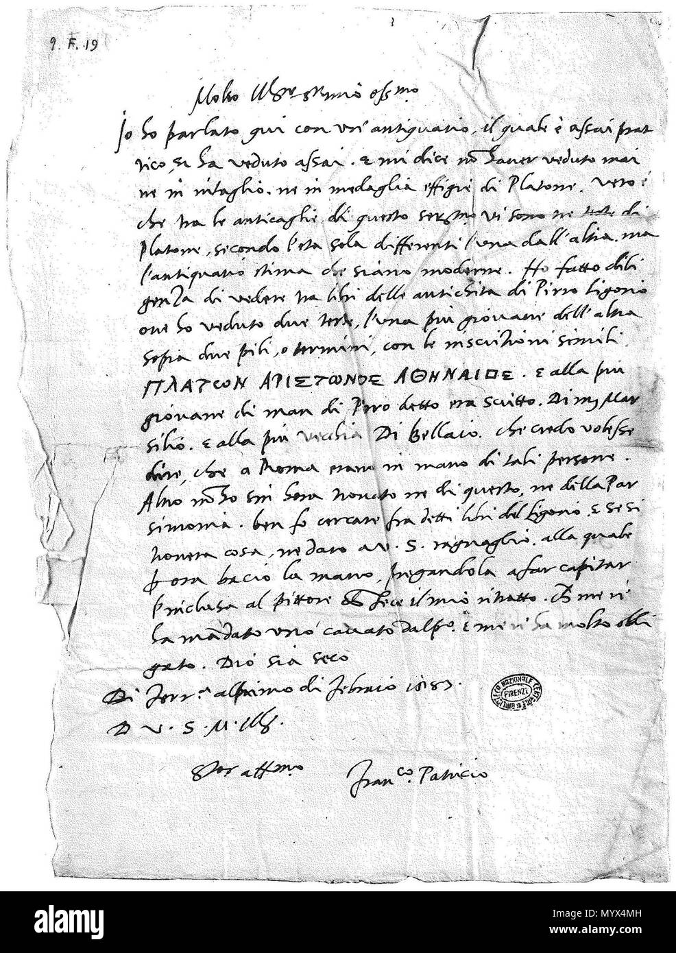 . Anglais : lettre autographe de Patrizi à Baccio Valori. Florence, Biblioteca Nazionale Centrale, Filze Rinuccini 19, fol. 9r. Deutsch : Ein eigenhändiger Patrizis Bref un Baccio Valori. Firenze, Biblioteca Nazionale Centrale, Filze Rinuccini 19, fol. 9r. . 1er février 1583. Francesco Patrizi 79 Patrizi, Lettre à Valori 1583 Banque D'Images