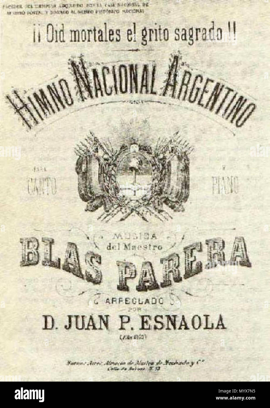 . Anglais : Partitions de musique de l'hymne national de l'Argentine, copie de l'original qui a été publiée la lira l'Argentine en 1824. Español : Partitura del Himno Nacional Argentino, copia del'original publicado previamente La Lira en Argentine, en 1824. . Vers 1860. Inconnu 1 Partitura del Himno Nacional Argentino hallada en Bolivie Banque D'Images