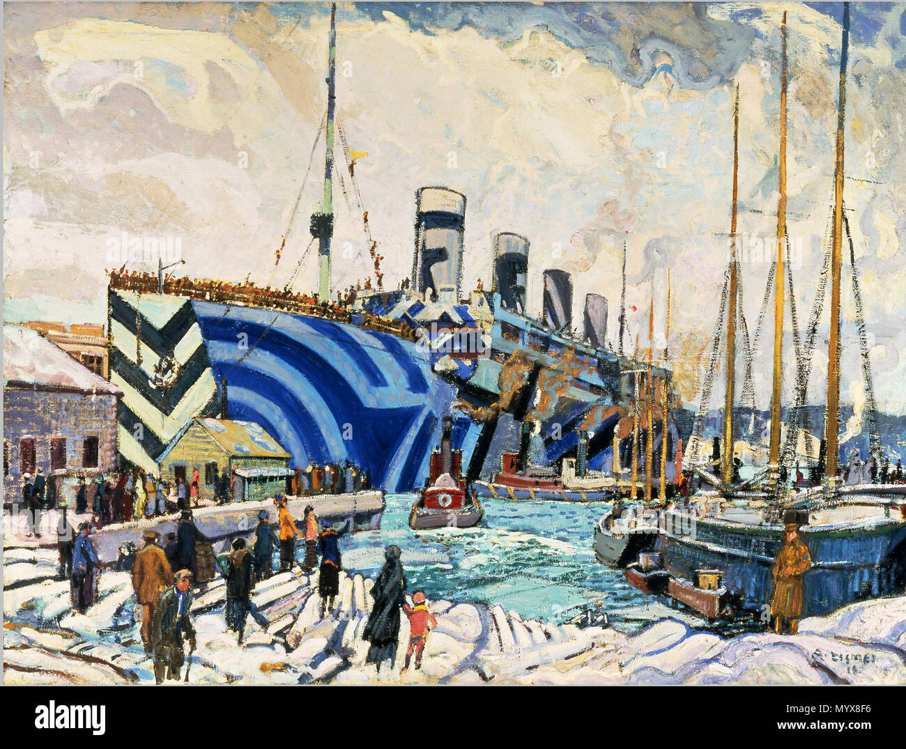 . Anglais : l'artiste de guerre Arthur Lismer capturé le retour des Jeux Olympiques, à bord SS (centre) pour le port de Halifax à la suite de la Première Guerre mondiale. Olympic's multi-couleur camouflage dazzle, ajouté en 1917 à la hauteur de la menace des U-boot allemand, avait pour but de rendre le bateau plus difficile à identifier et à cibler. Le tableau fournit également un aperçu de l'arsenal maritime d'Halifax, le principal de la base navale de guerre. En service en 1915, l'Olympic est devenu l'un des plus célèbres de la guerre de troupes. Affectueusement appelé 'vieux', fiable aurait olympique plus de 200 000 britanniques, américaines, un Banque D'Images
