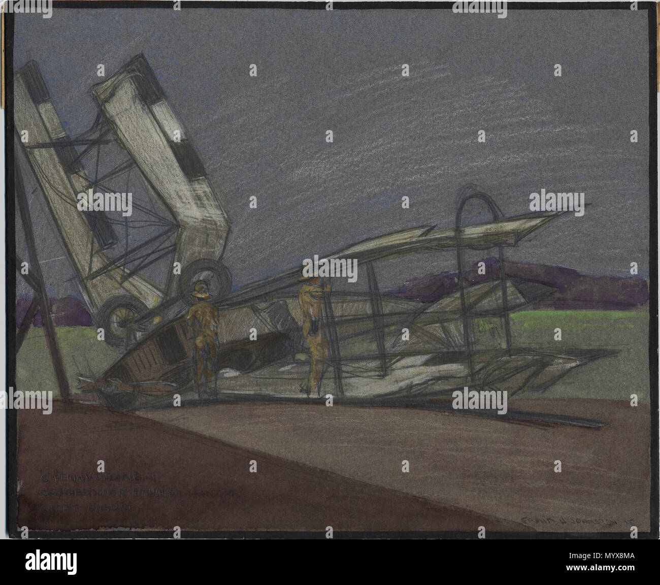 . Anglais : Cette crashed Curtis JN-4 illustre le danger de la formation des pilotes. Avions étaient minces et peu fiables, mais, sans les simulateurs, étaient les seuls outils disponibles pour apprendre à voler. . C Machine Vol 12.2005 sur Hangar B . 19182 Frank Johnston - C Machine Vol 12.2005 sur MCG 19710261-0297 Hangar B Banque D'Images
