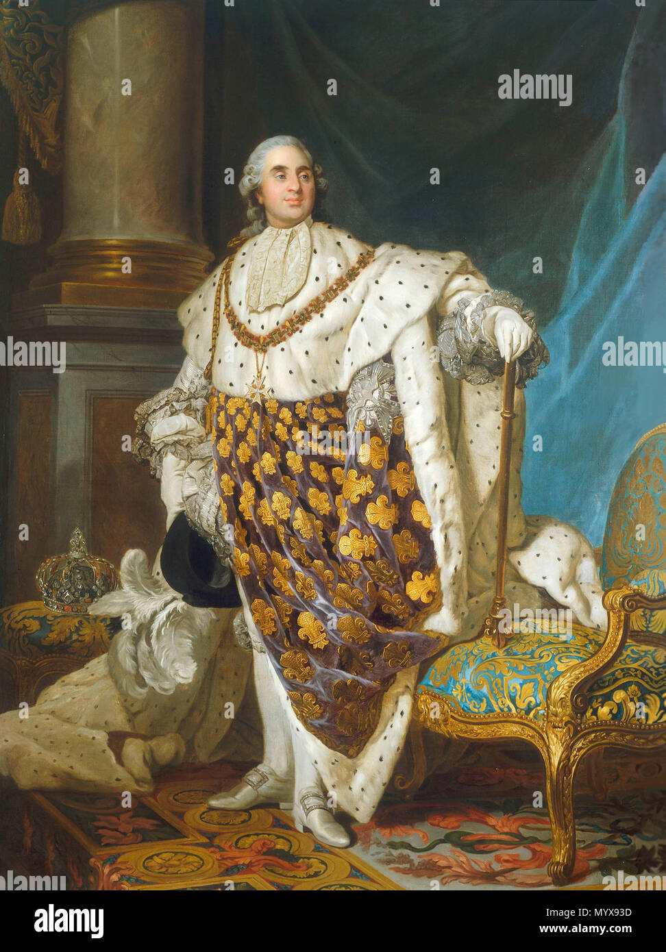 . Anglais : Portrait de Louis XVI, roi de France et de Navarre, porter des robes de couronnement (huile sur toile peinte par Joseph-Siffred Duplessis, très probablement vers 1777). Español : Retrato de Luis XVI, Rey de España y de Navarre, en traje de coronación (óleo sobre lienzo de Joseph-Siffred Duplessis fechado hacia 1777 prácticamente). English : Portrait en costume de sacre du roi de France et de Navarre Louis XVI (huile sur toile peinte par Joseph-Siffrein Duplessis et datant vraisemblablement de 1777). . 1777. Joseph-Siffred Duplessis ; Idranstel 1 Louis XVI en costume de sacre - Joseph-Siffred Du Banque D'Images