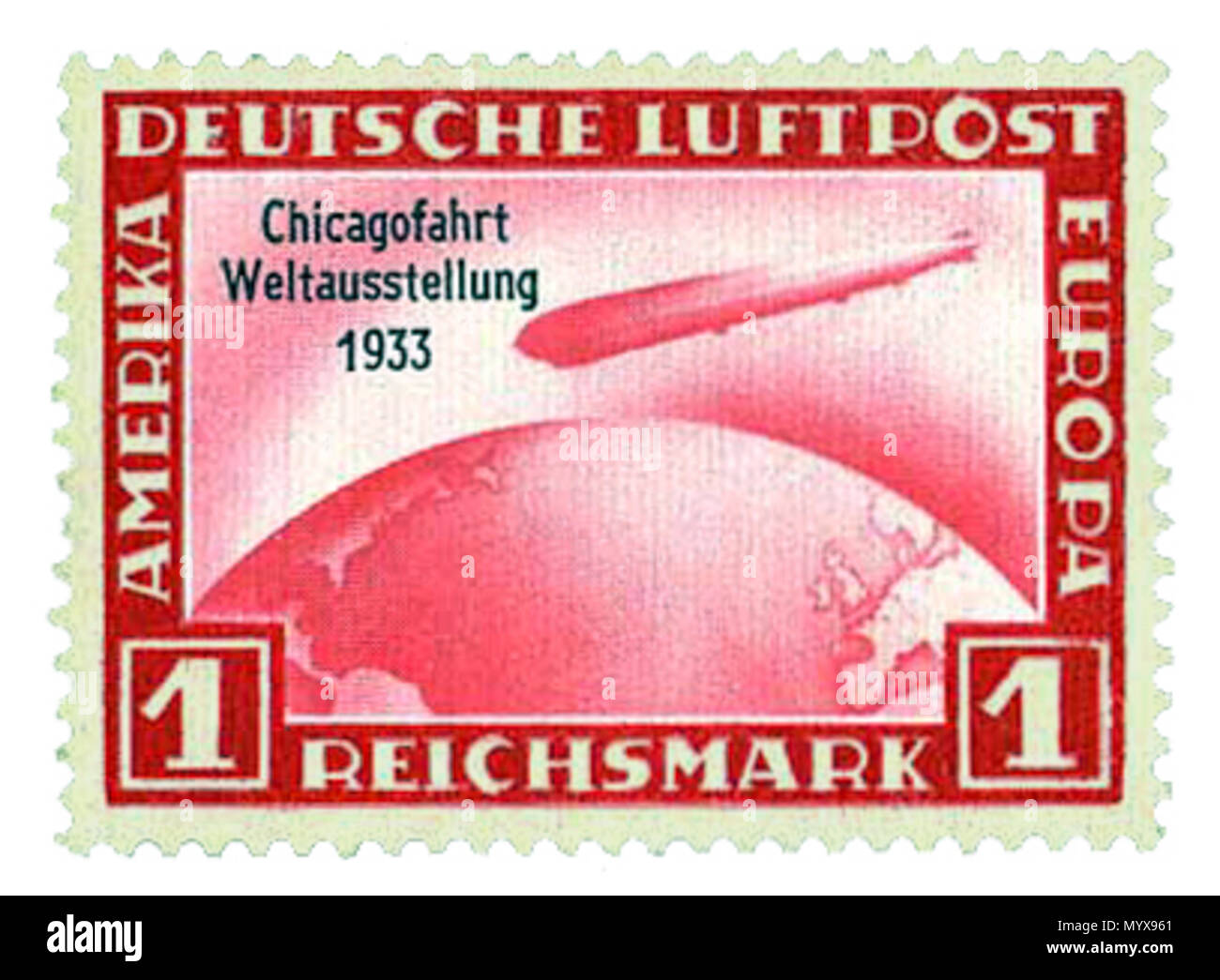 . Anglais : Airmail Postage Stamp, Allemagne, 1933 - Surimpression commémorative pour Graf Zeppelin's voyage à la foire mondiale de Chicago 1933. . Pas de nom de l'artiste donné. SteveStrummer Germany-Stamp 1 : numérisation-1933-Chicago WorldsFair Zeppelin Banque D'Images