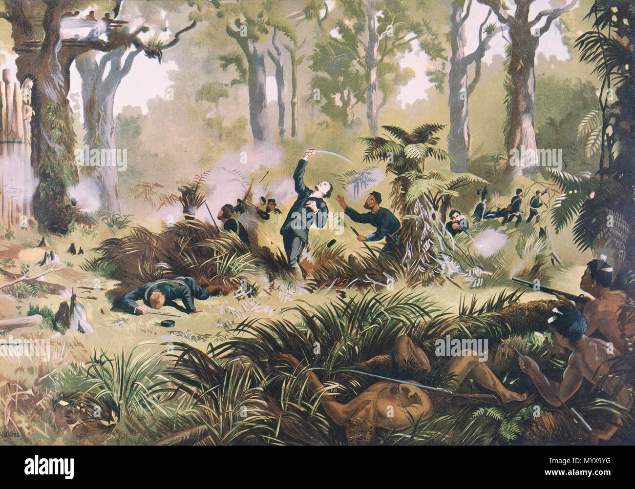 . La mort de von Tempsky au Te Ngutu o Te Manu, un portrait d'un incident dans la Nouvelle Zélande wars le 7 septembre 1868. . Lithographie (1893). Apparemment, publié dans le courrier de Nouvelle-Zélande, dont la dernière a produit en 1907.. Lithographie de William Potts (1859-1947), à partir d'une peinture de Kennett Watkins (1847-1933) 1 la mort de von Tempsky Kennett Watkins Banque D'Images