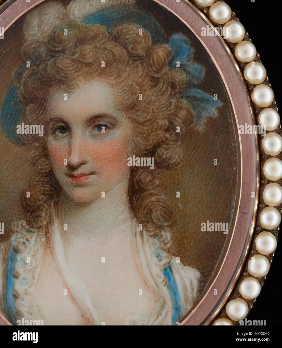 . Anglais : Miniature Portrait par Samuel Shelley (1750-1808), la pensée de dépeindre l'Angélique Schuyler Église (1756-1814), vêtue d'une robe blanche avec garniture bleue et la dentelle col, un chapeau bleu avec noeud orné d'une plume blanche, ses cheveux portés avec pendaison anglaises du 18e siècle Aquarelle sur ivoire ovale, 1 7/8in, (48mm) Provenance : Edward Grosvenor Paine par qui ils vendent, Christie's, Londres, 28 octobre 1980, lot 103 ; collection privée, France. 26 Détail de portrait miniature par Samuel Shelley, éventuellement représentant l'Église d'Angelica Banque D'Images