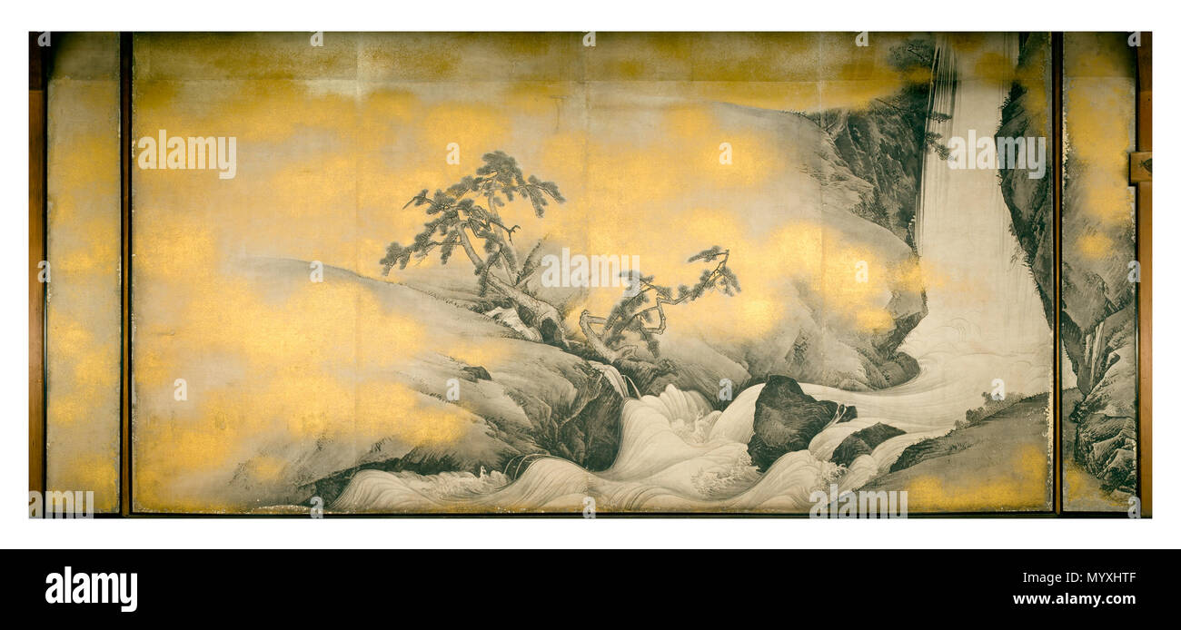 . Anglais : Paysage avec cascade par Maruyama Okyo, Kotohiragu, Kotohira, Kagawa, 紙本墨画瀑布及山水図 応挙筆 Japon 日本語 : . C18 14 Paysage avec chute d'eau par Okyo (Kotohiragu) Banque D'Images