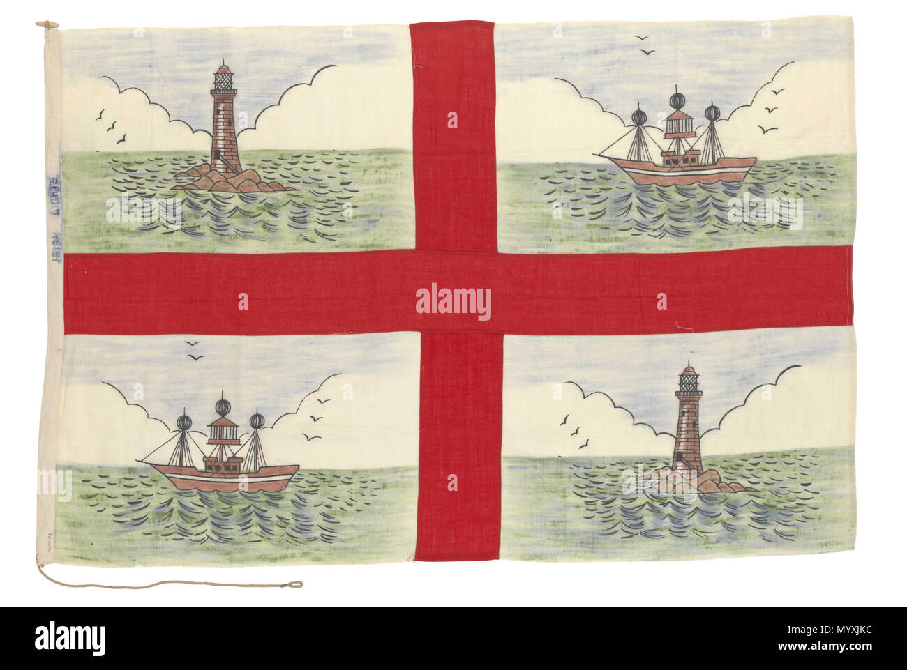 . Anglais : Drapeau, feux de commissaires irlandais le drapeau de l'Irish Lights Commissaires. Elle est faite de fibre synthétique et bunting est cousu machine. La conception se compose d'une croix rouge de St George's cross sur un fond blanc avec un bateau-phare et phare peint dans d'autres cantons. Marqués à l'encre sur le palan : 'lumières' Irlandais. Le drapeau a une corde et basculer en annexe. La nouvelle version de ce drapeau, introduit en septembre 1970, a la croix de saint Patrick au lieu de celui de St George. Les commissaires irlandais est le phare Feux autorité pour tous l'île d'Irlande, l'île et de ses mers adjacentes Banque D'Images