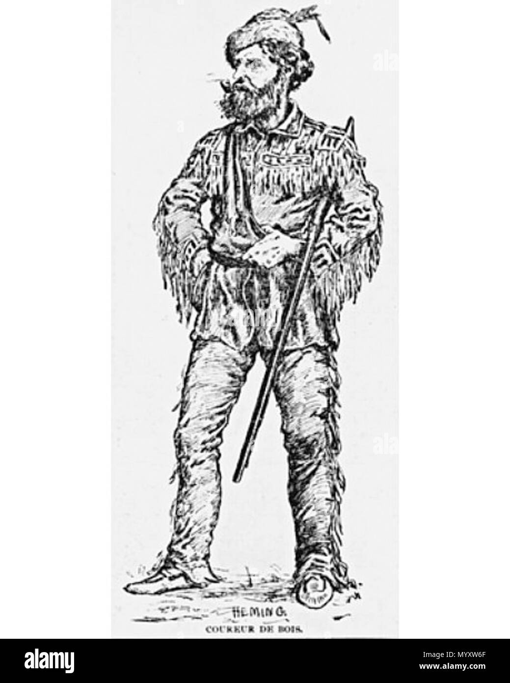 . Anglais : Coureur de Bois en robe typique. Ces français s'implique dans les années 1650 dans le commerce des fourrures. Gravure sur bois de Arthur Heming (1870 - 1940). English : Coureur de Bois en habit typique. Ces Français se sont impliqués dans les années 1650 dans le commerce de la fourrure. Gravure sur bois de Arthur Heming (1870 - 1940). . Arthur 24 Heming coureur de bois Banque D'Images