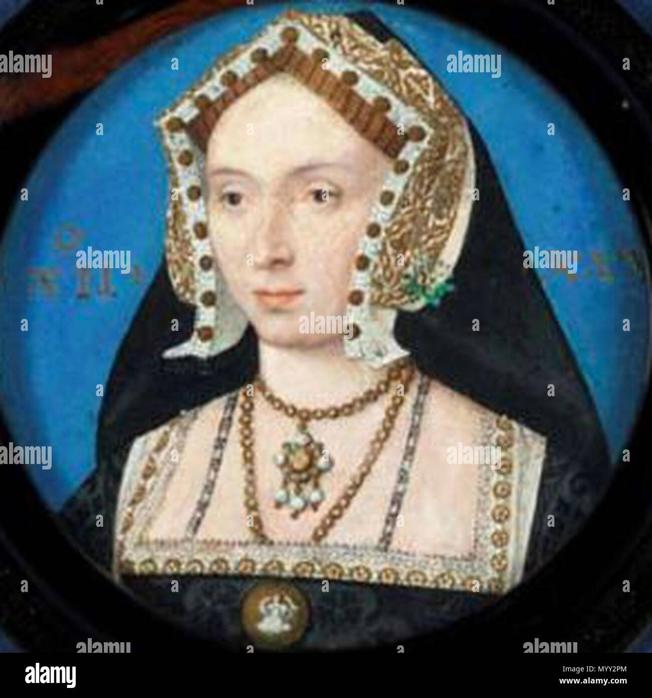 . Anglais : ronde portrait miniature d'une dame Tudor dans une coiffure de pignon d'un bouquet de fleurs attachées à son côté gauche. Elle porte, noir, or et blanc, avec des bijoux. Le sol est bleu avec une inscription d'or la décrire comme l'âge de 25 ans. . Vers 1525 à début 1530's. Dame inconnue, Horenbolte Lucas c. Au début de 1525 1530's Musée Royal de l'Ontario, Toronto[1] 49 miniature Horenbout anno XXV Banque D'Images