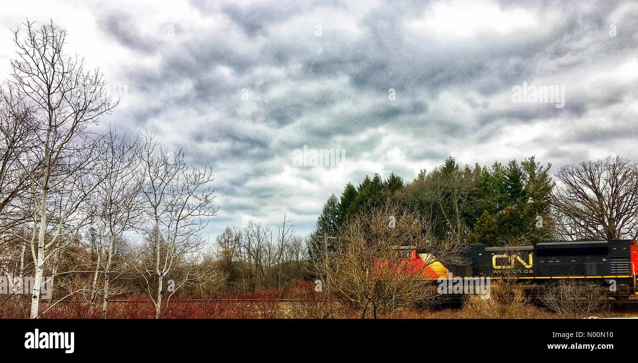 Train par jour nuageux, Waukesha, WI USA, 31 mars 2018, Canadian National Railroad train passe par la petite ville du Wisconsin par jour nuageux, DianaJ StockimoNews/Alamy/crédit : Diana J./StockimoNews/Alamy Live News Banque D'Images