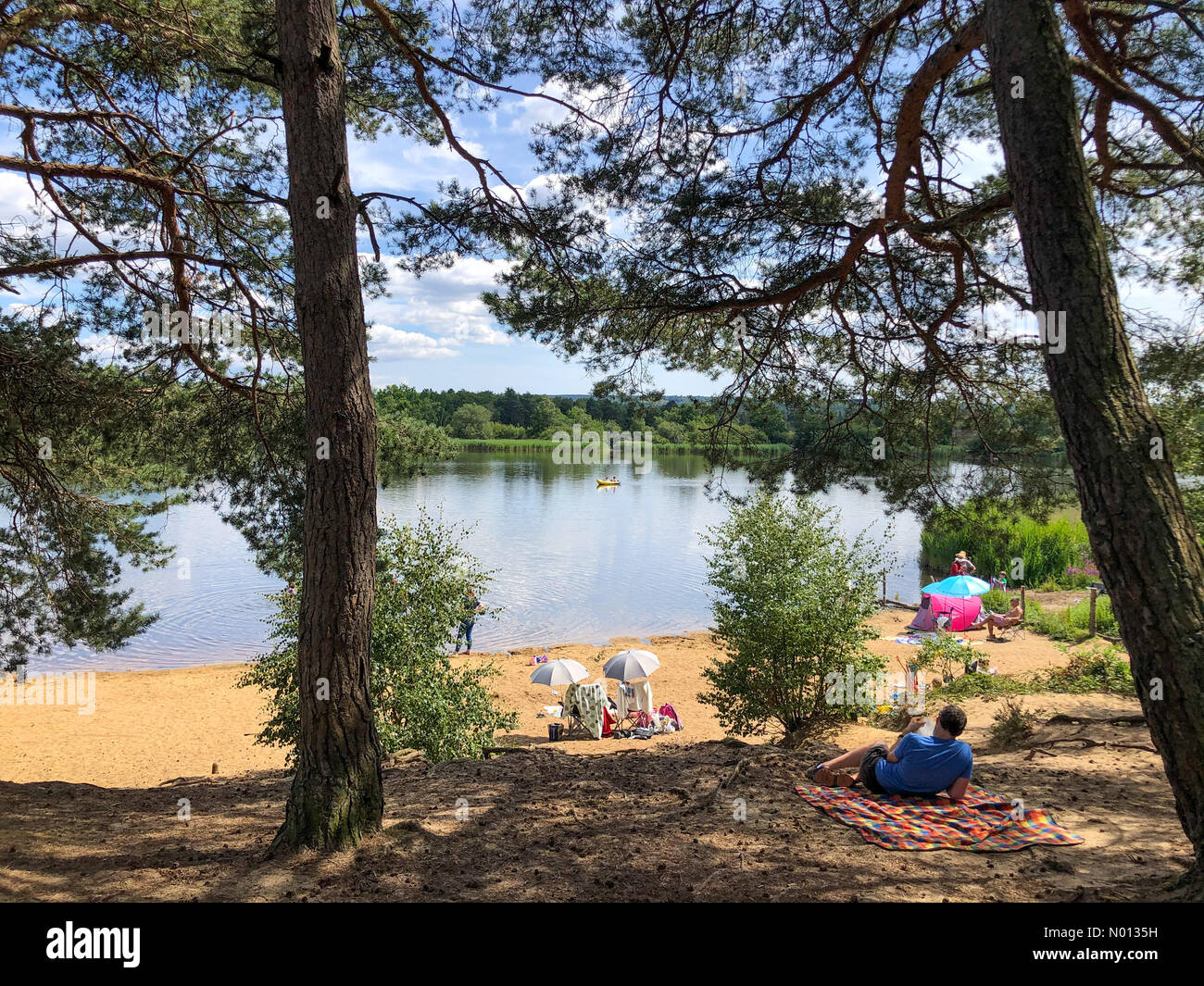 Météo au Royaume-Uni : intervalles ensoleillés à Frensham. Frensham Little Pond, Farnham. 12 juillet 2020. Temps chaud et ensoleillé dans les comtés d'origine aujourd'hui. Frensham Little Pond près de Farnham dans Surrey. Crédit : jamesjagger/StockimoNews/Alay Live News Banque D'Images