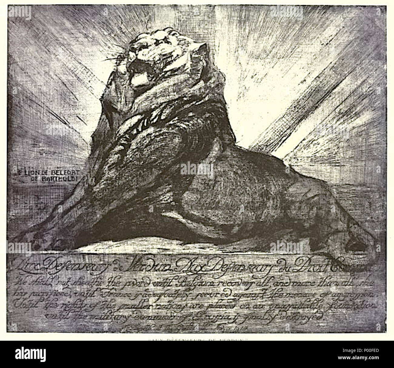 . Anglais : Lion de Belfort : aux défenseurs de Verdun, gravure par William Walcot, dédié à l'armée française. 64 Lion de Verdun Walcot Banque D'Images