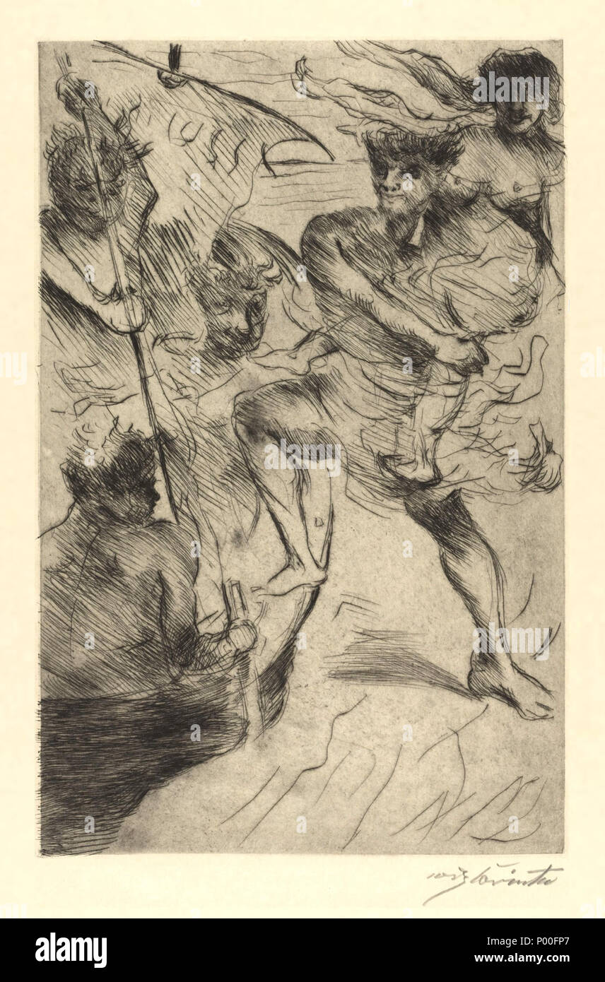 . Partie de légendes classiques (Antike Legenden), un portefeuille de 12 pointes sèches, (variante de la planche 1), la plaque : 13 11/16 x 8 15/16" (34,7 x 22,7 cm) ; feuille : 26 x 19 5/16 1/2' (66,9 x 49,5 cm). Papier : Beige, lisse, tissé au Japon. Editeur : Marées-Gesellschaft, R. Piper & Co., Munich. Imprimante : Alfred Ruckenbrod, Berlin. Edition : 150 (y compris l'édition deluxe de 50 sur papier japon avec plaque supplémentaire et une édition régulière de 100 sur papier fait main 'Bütten') . Deutsch : Der Raub der Helena Anglais : l'enlèvement d'Hélène . 191965 Lovis Corinth Enlèvement d'Helen 1919 Banque D'Images