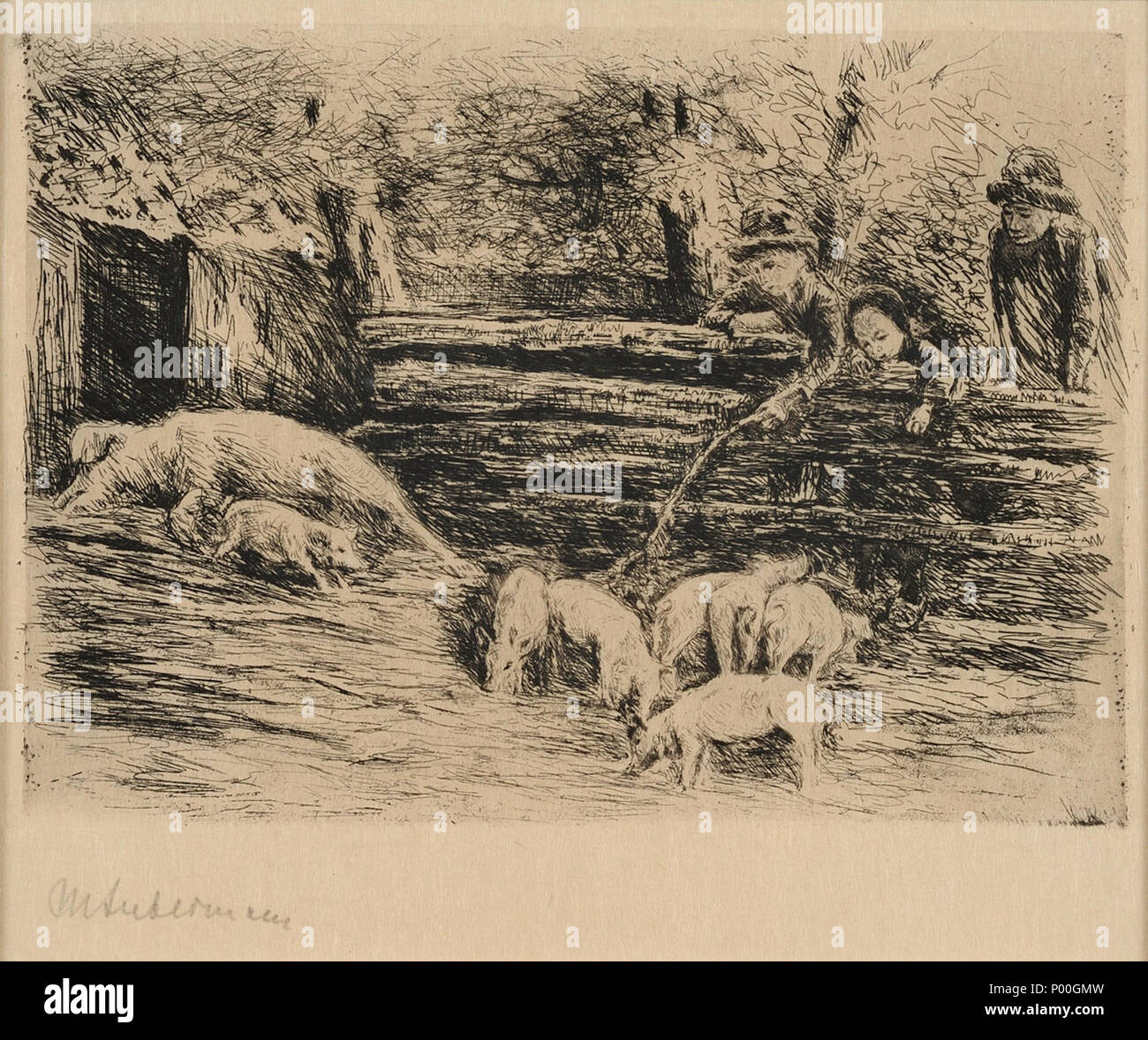 . Schweinestall. Radierung. Handsigniert. 19 x 22 cm (sichtbare Größe). . D'ici 1935. Max Liebermann (1847-1935), peintre allemand Description graveur, lithographe et dessinateur Date de naissance/décès 20 Juillet 1847 8 février 1935 Lieu de naissance/décès Berlin Berlin lieu de travail Berlin (1863-1868, 1884-1935), Weimar (1868-1873), Düsseldorf (1871), Pays-Bas (1871), Paris (1872, 1873-1879, 1882, 1896), Amsterdam (1872, 1876, 1879, 1880, 1881, 1882, 1883, 1884, 1905, 1906, 1907, 1908) Barbizon (1874-1875), Dordrecht (1877), Italie (1879, 1893), Munich (1879-1884), Scheveningen (1881), Banque D'Images
