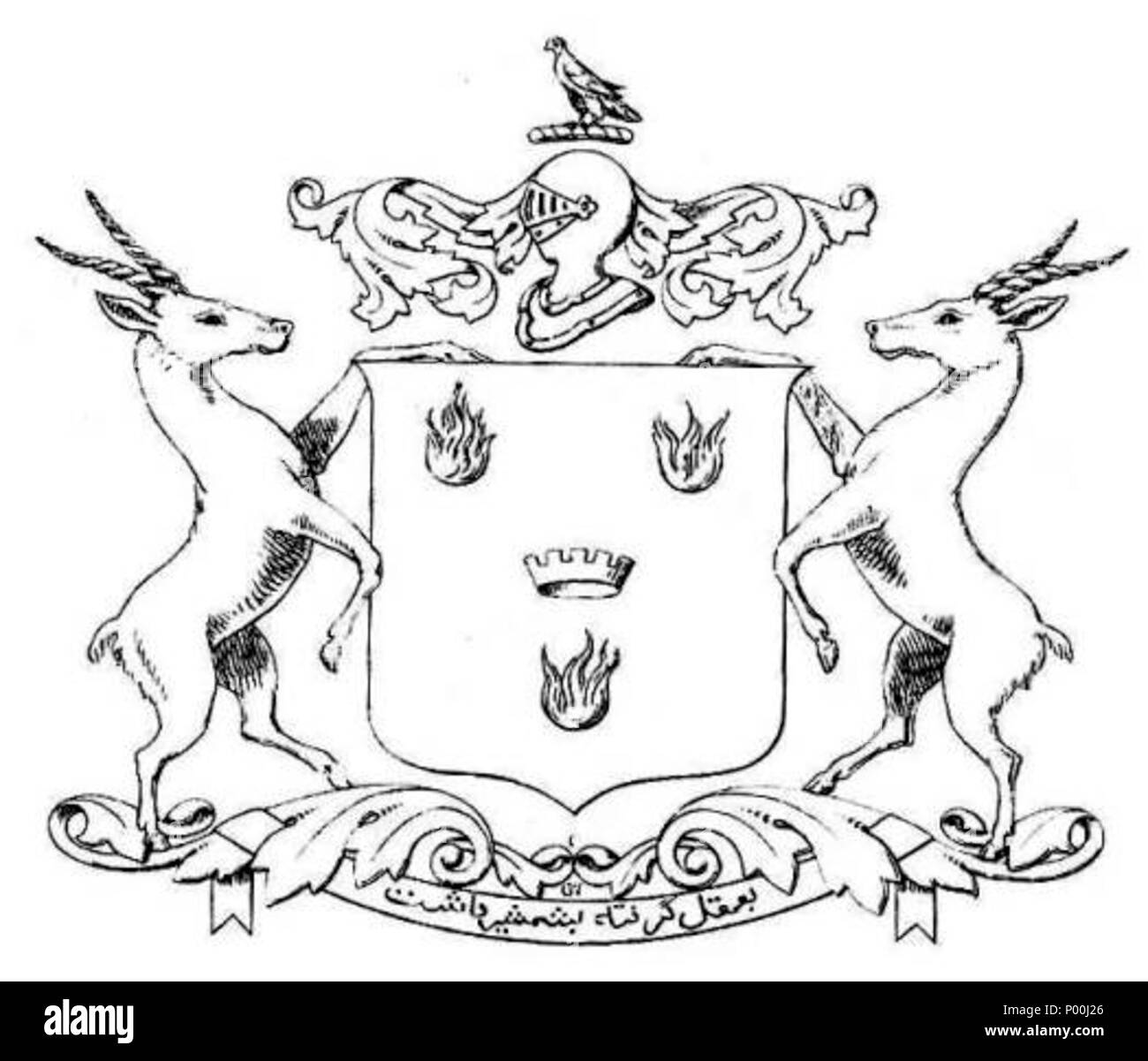 . Anglais : un blason a été accordé à l'Mahakhan Diwan Nawab Sahib Khan Zorawar Zubdat-ul-Mulk (1854-1877) à la réunion de Delhi de 1877. C'est : Diwan de ... Armes : Gironny Murray et vert, une couronne murale entre trois flammes ou. Cimier : un casque à dextre, lambrequined Murrey et vert, un pèlerin de la fermer. Supports : Deux antilopes. Devise : Giriftah Aql Ba ba Shamsher Dasht (ce qui a été gagné par la raison, il subit par la force). . 1877. w:en:Palanpur Palanpur 79 État d'authenticité de l'état Banque D'Images