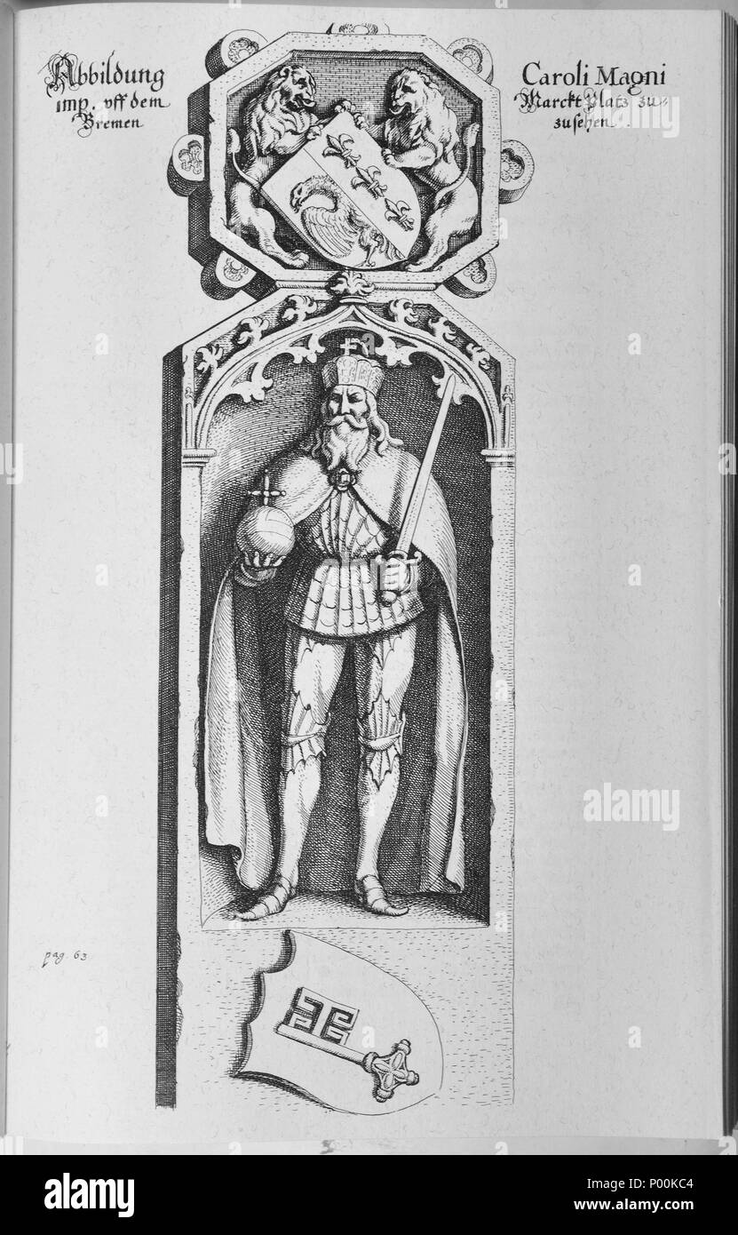 . Deutsch : Statue Karl der Große auf dem Marktplatz von Bremen, Deutschland English : Statue de Charles le Grand à la place du marché de Brême, Allemagne . avant 1653 20 Saxoniae Inferioris (Merian) b 006 Banque D'Images