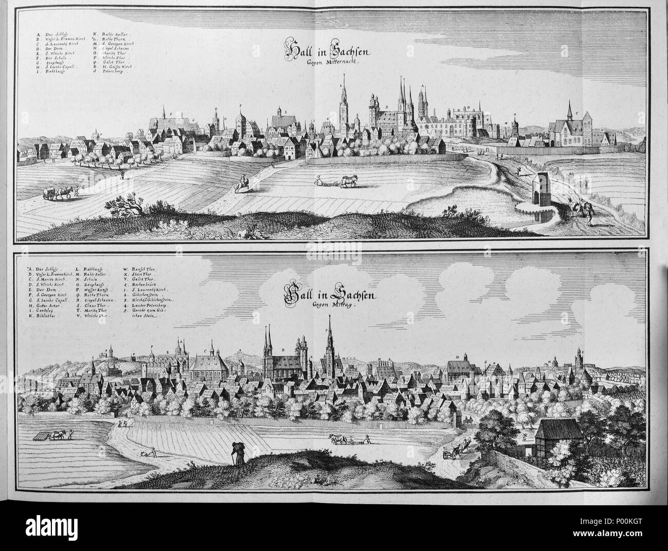 . Deutsch : Halle (Saale), Sachsen-Anhalt, Allemagne. Oben : von Süden ; en bas : von Norden English : Halle (Saale), Saxe-Anhalt, Allemagne. Top : de l'Afrique ; En bas : du nord . avant 1653 20 Saxoniae Inferioris (Merian) b 015 Banque D'Images