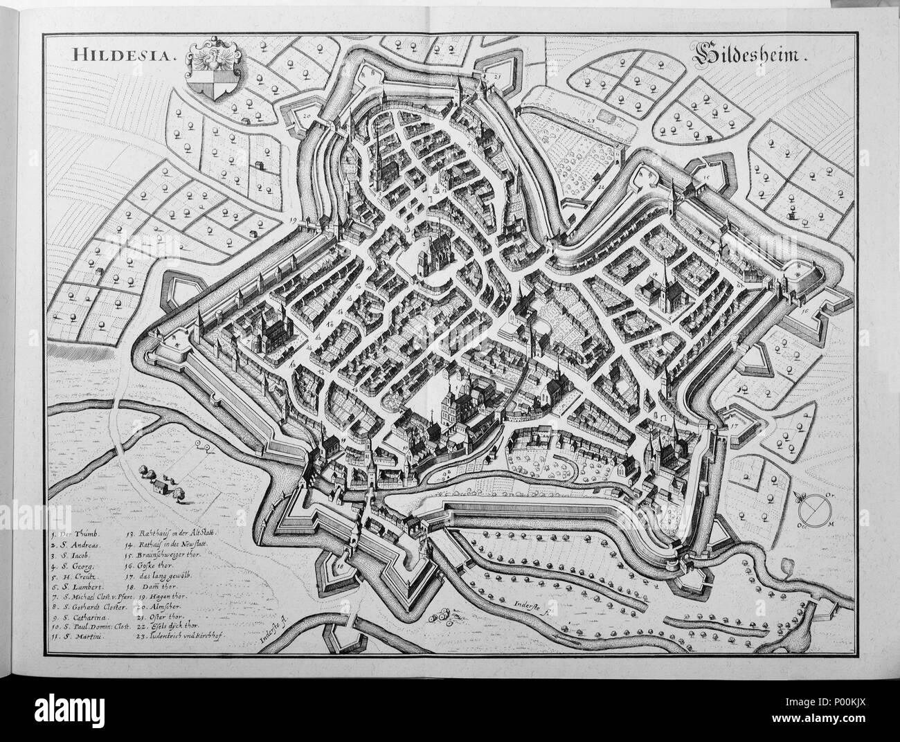 . Deutsch : Stadtplan von Hildesheim, Niedersachsen, Deutschland English : plan de ville d'Hildesheim, Basse-Saxe, Allemagne . avant 1653 20 Saxoniae Inferioris (Merian) b 019 Banque D'Images