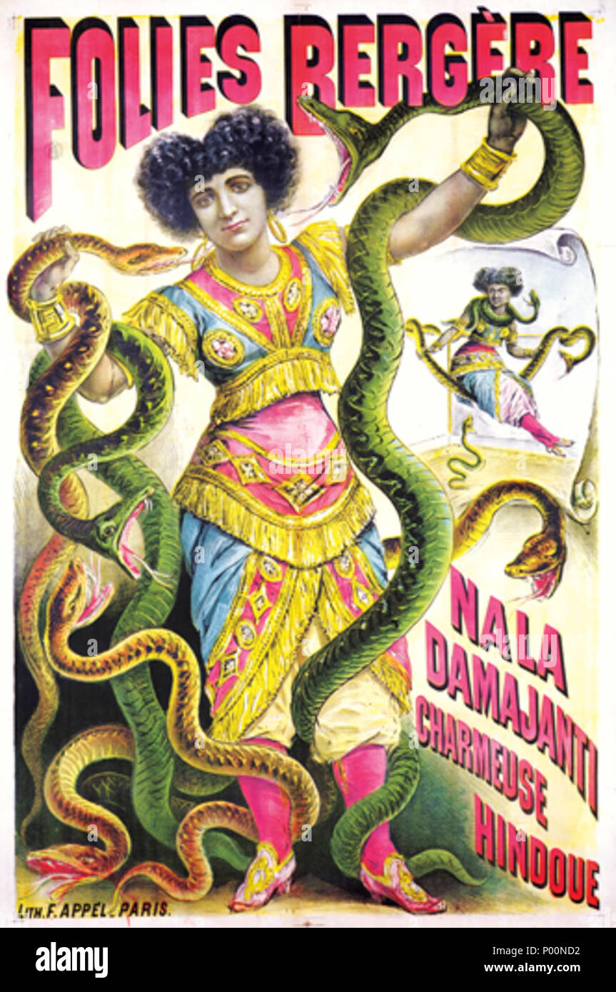 . Anglais : affiche promotionnelle pour l'apparition du Charmeur de serpent Nala Damajanti aux Folies Bergère, probablement à partir de 1886. . Vers 1890. anonyme ; imprimé par lithographie F. Appel 2 Folies Bergere-Nala Damajanti Charmeuse Hindou Banque D'Images