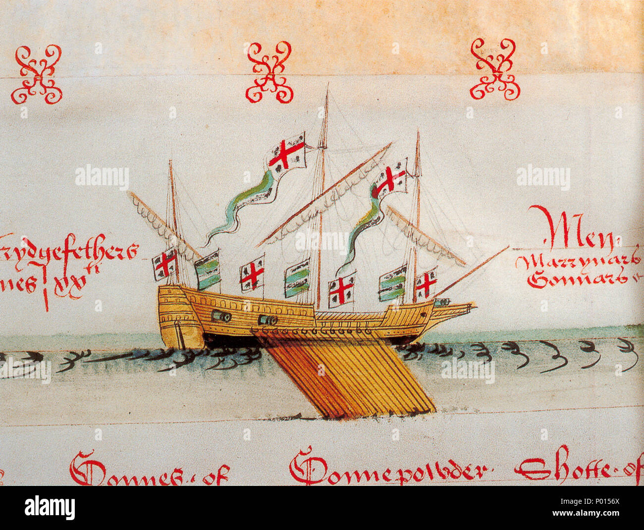 . Anglais : Illustration de la rowbarge Trois plumes d'autruche. Une notification de l'éventuelle suppression Cathsuth (talk) 16:21, 9 février 2017 (UTC) Svenska : roddfartyget av Trois plumes d'Autruche ('De tre strutsfjädrarna", del av av fursten Galles vapen). . Vers 1546. Propre scan. Photo par Gerry Bye. Original par Anthony Anthony. 4 AnthonyRoll-53 Trois plumes d'Autruche Banque D'Images