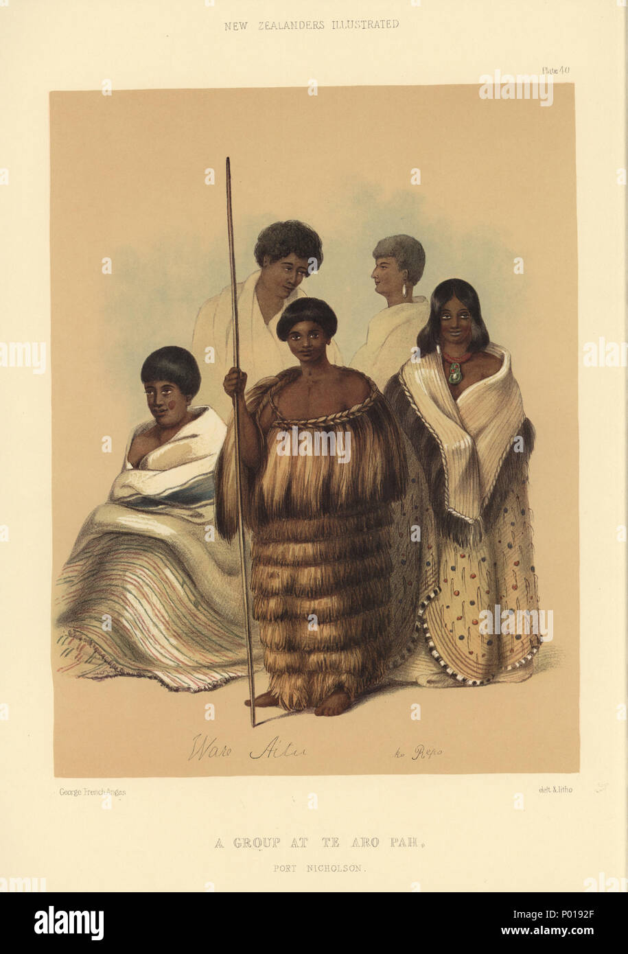 . Anglais : UN GROUPE À TE ARO PORT NICHOLSON ; HAP. [Image de la page 94] PLATE XL. Un groupe À TE ARO PORT NICHOLSON ; HAP. La figure est Terewarewa assis, un jeune homme de la Nga-ti-tribu Awa, vêtu d'un grand mat de différentes couleurs, sur laquelle est une couverture de vastes dimensions : ses joues sont ornées d'une tache d'Kokowai, ou l'ocre rouge, mélangée avec de l'huile. Le centre représente un garçon de Taranaki appelé Ware, avec son autographe : il est vêtu d'un très épais et rugueux, Kakahu et tient dans sa main un tokotoko ou bâton de marche, un outil très utile dans les voyages, avec laquelle les autochtones se sentent Banque D'Images