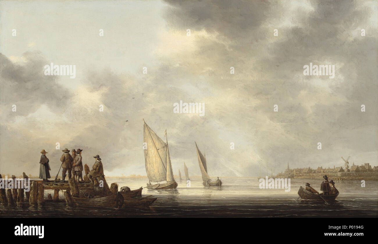 Peinture huile sur panneau ; total : 44,5 × 75,9 cm (17 1/2 x 29 7/8 in.) Encadré : 63,5 × 93,66 × 4,45 × 36 cm (25 7/8 x 1 3/4 in.) ; 3 une jetée donnant sur Dordrecht A22567 Banque D'Images