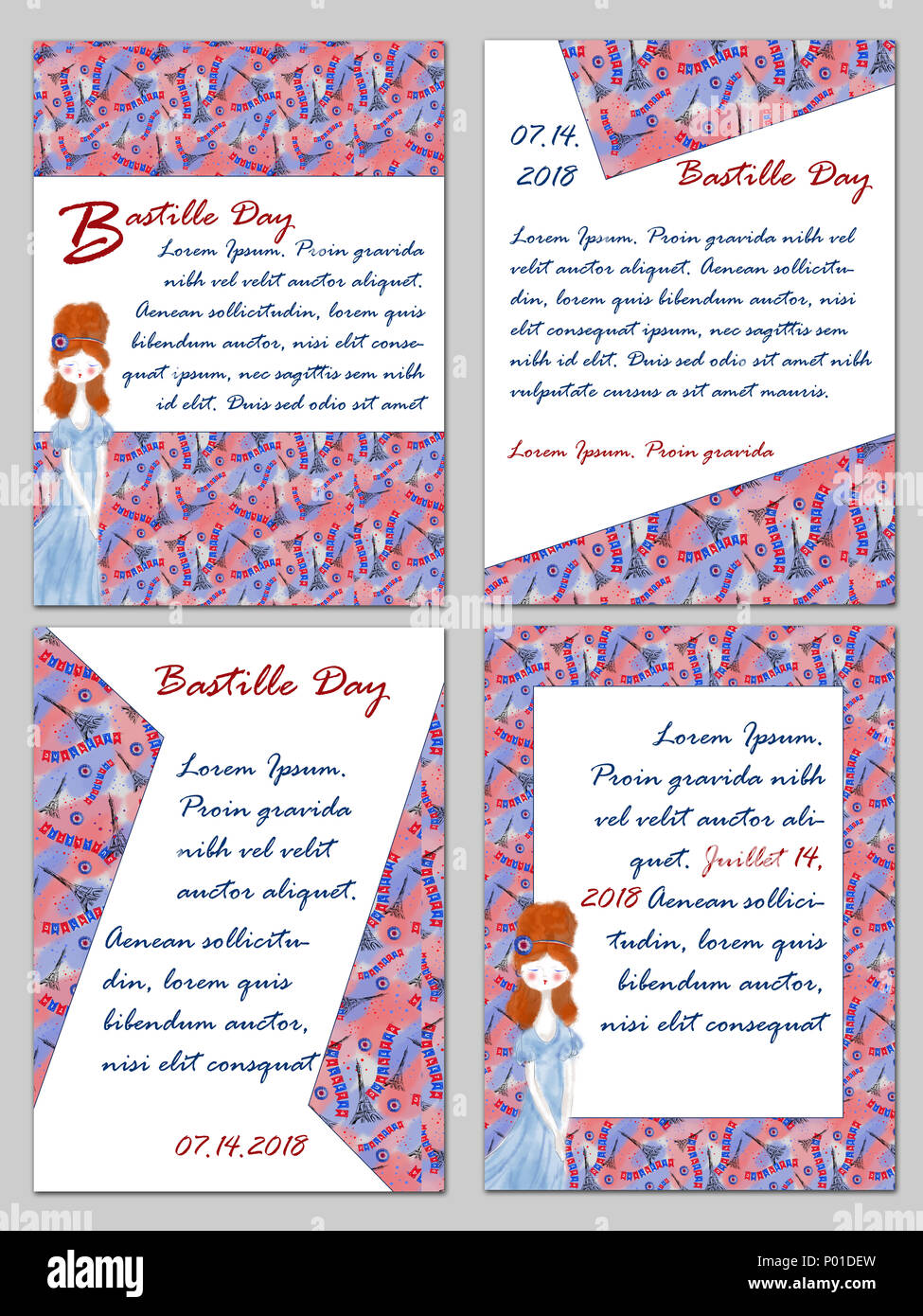 Ensemble de Bastille Day des modèles avec motif Tour Eiffel et patriotiques Mademoiselle. Quatre modèles pour la célébration de la fête nationale de la France. Banque D'Images