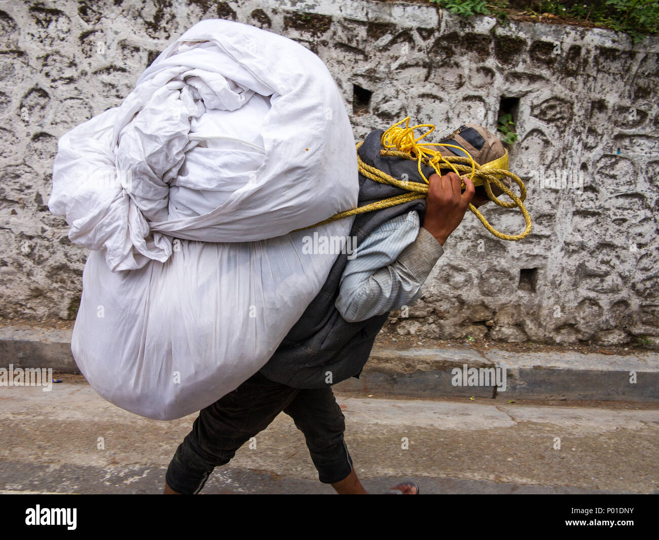 L'homme indien transportant une charge lourde, style sherpa, Nainital Uttarakhand, Inde Banque D'Images