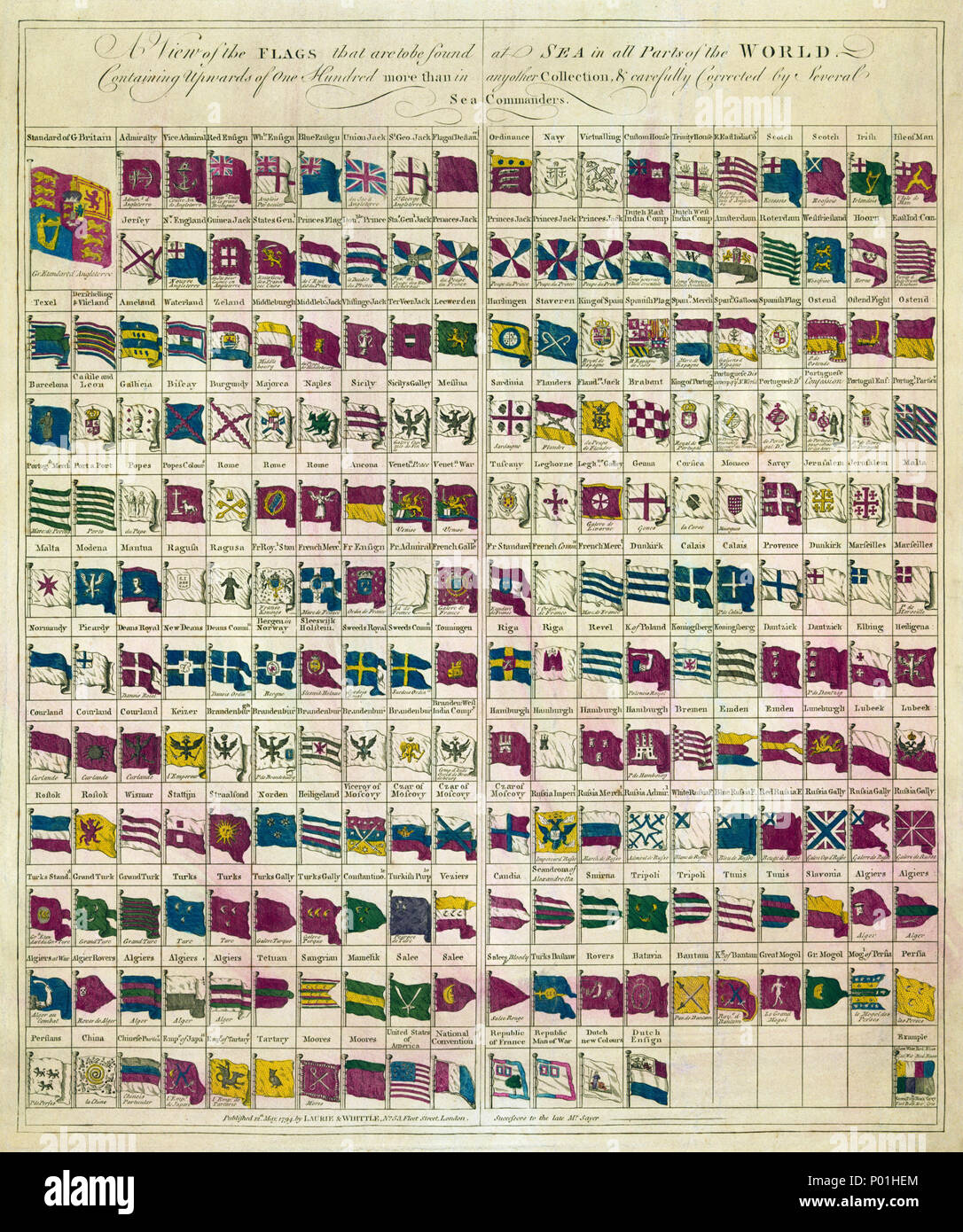 . 'Une vue sur les drapeaux qui se trouvent en mer dans toutes les parties du monde contenant plus d'un cent de plus qu'en tout autre collection, et corrigée avec soin par plusieurs commandants de la mer.' . 12 mai 1794. Laurie & Whittle, n° 53, Fleet Street, Londres. Les Successeurs de feu M. Sayer. 242 Une vue de l'un des drapeaux, 1794 Banque D'Images