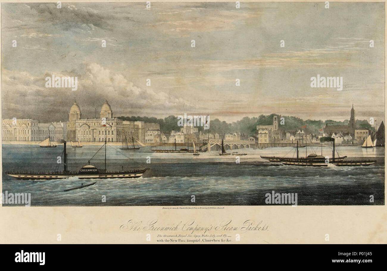. Anglais : La société Greenwich Greenwich, paquets de vapeur Royal, goudron, Gypsy, nénuphar et vol - avec la nouvelle jetée, un hôpital, des églises &c &c. Lithographie en couleur par William Ranwell, ch. 1840. L'Greenwich Pier en 1836 et George Basevi's St Mary's Church, qui peut être vu derrière elle dans le centre a été construit en 1839 (démoli en 1936, seul le St Mary's gate du parc conserve son nom, avec la statue de Wiliam IV actuellement sur le site). Les bâtiments le long de Fisher Lane, à gauche de la jetée ici jusqu'à la Old Ship Tavern, ont également été démolie au début des années 1840, et cert Banque D'Images