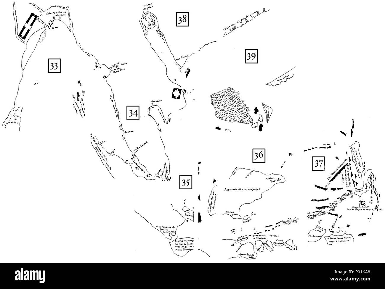 . Anglais : une carte de l'Asie du Sud-Est - l'un des premiers Européens à la zone graphique assez fidèlement en dépit de Ptolémée et al-Khwarizmi comptes mauvaise-compilées par l'assemblage des cartes à partir de pages consécutives de Rodrigues's book (folio # s'indiqué sur la carte). Certains texte omis. Pour la discussion de son origine possible dans une langue maternelle et une carte javanais correction conjecturale de son traitement sur le golfe de Thaïlande, voir J. Sollewijn Gelpke's 1995 'Alfonso de l'Pre-Portuguese Alburquerque 'Carte' javanais, partiellement reconstruit à partir de Francisco Rodrigues Livre' dans Bijdragen tot de Taal-, Land-, en vol Banque D'Images