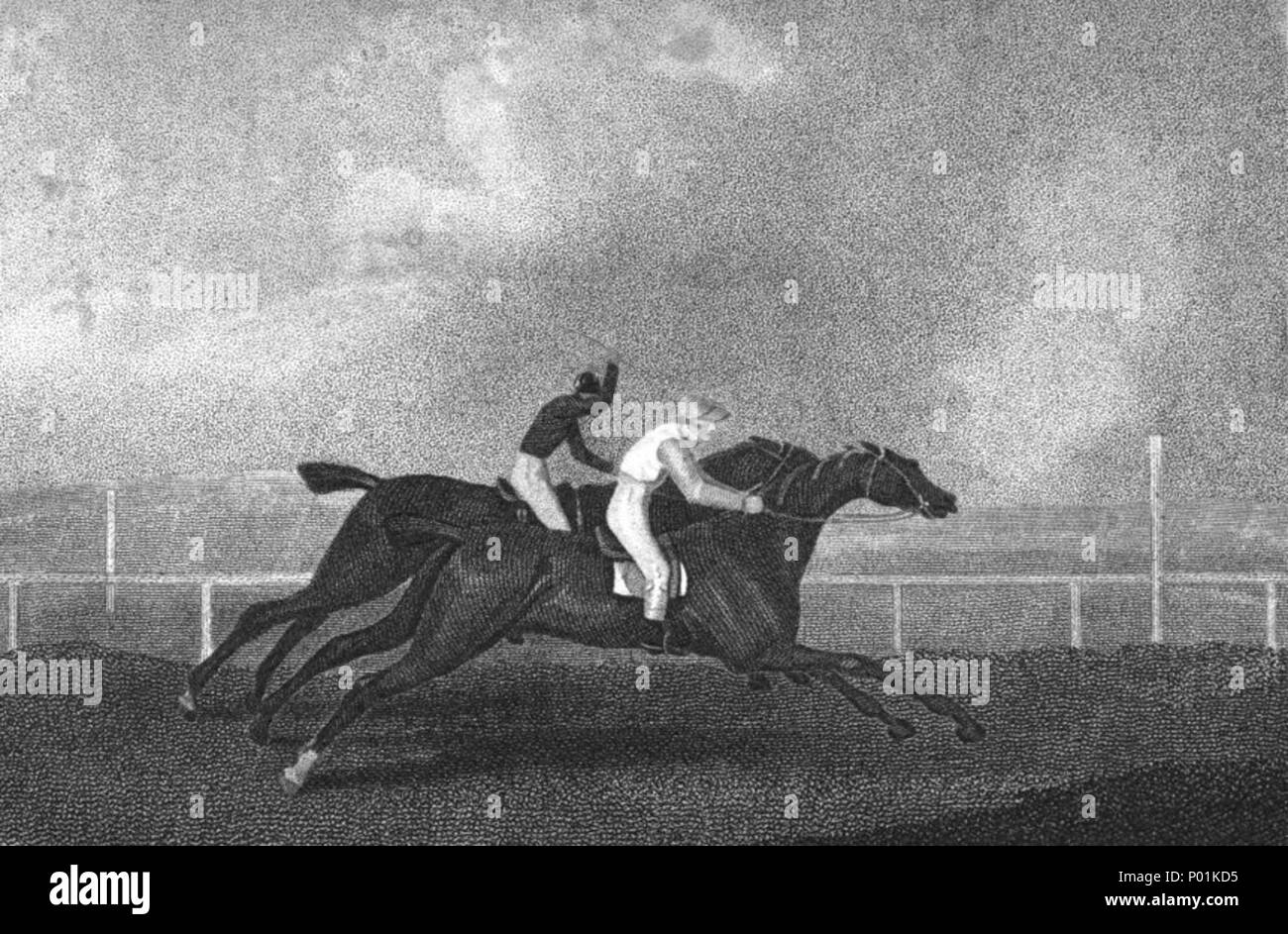 . Anglais : M. Mellish's colt Sancho battre Lord Egremont's colt Hannibal en match race qui a eu lieu le 26 juillet 1805. Hannibal a remporté le Derby d'Epsom 1804. . 1806. En fonction de la gravure peinture de John Nott Sartorius (1759-1828). 20 Sancho battre Hannibal Banque D'Images