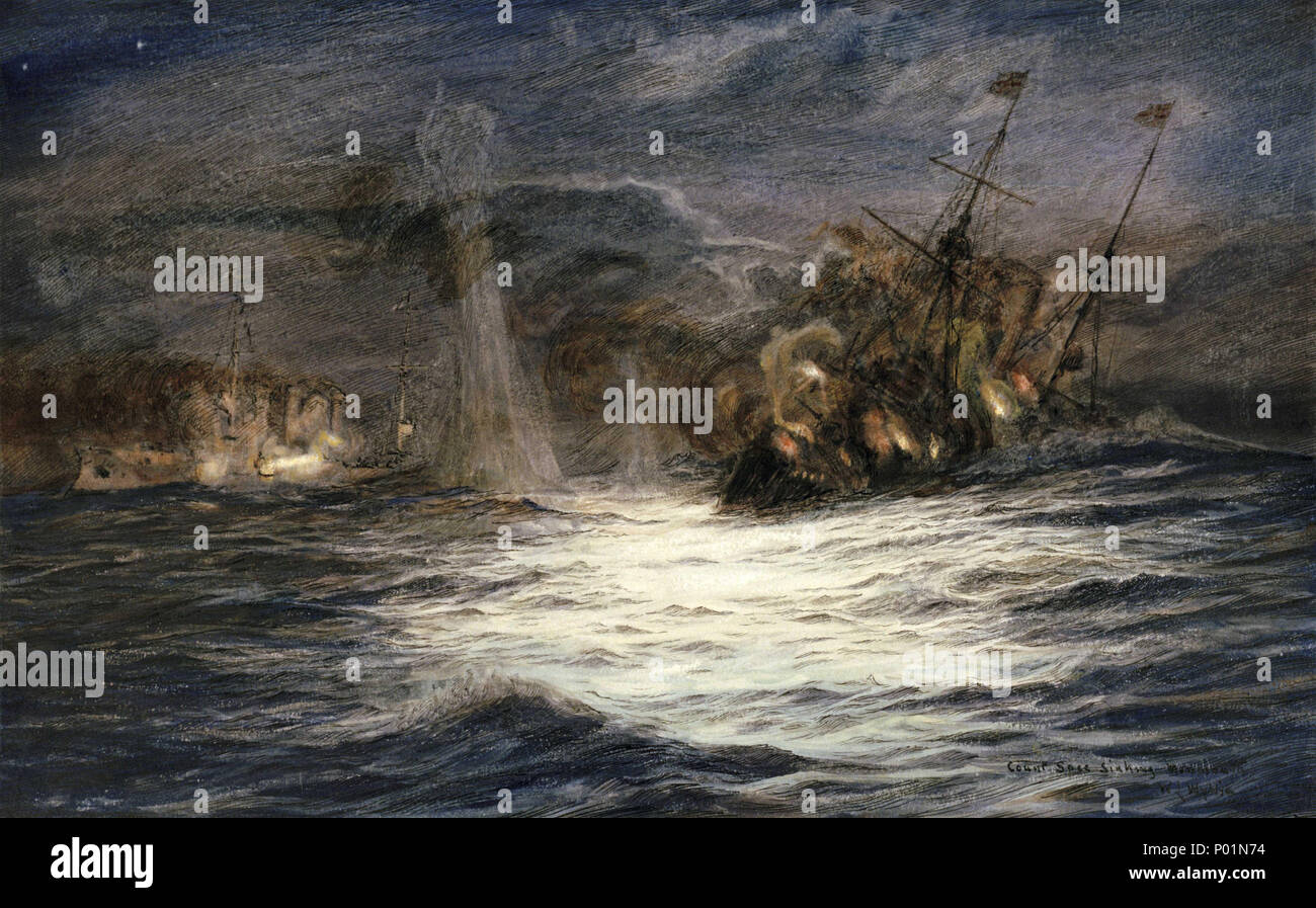 . English : 'count Spee naufrage Monmouth' [à la bataille de Coronel, 1 novembre 1914] Inscrit , que le titre, et signée par l'artiste, en bas à droite. À la bataille de Coronel, le croiseur HMS blindés 'Monmouth" a été incendié au cours de sa rencontre avec le "Gneisenau", les canons du navire britannique effectivement hors de portée. Elle est demeuré à flot après l'amiral von Spee est de plus grands navires perdus dans l'obscurité à 20,00 heures. À environ 21,20 elle a été trouvée par le croiseur léger allemand 'Nürnberg'. 'Monmouth's' moteurs étaient toujours en cours d'exécution et son pignon de direction n'a pas été endommagée. Elle n'a pas rentrer il Banque D'Images