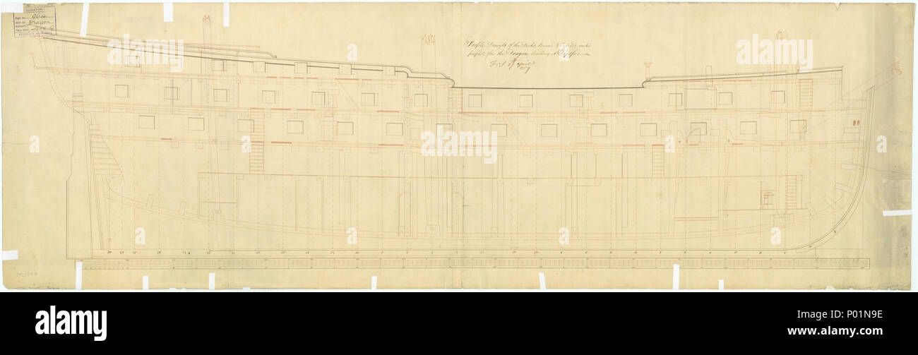 . Français : 'dragon' (1760) ; 'Superb' (1760) Échelle : 1:48. Plan montrant l'intérieur profil avec la modification de l'artimon et mâts principaux, proposés pour le 'dragon' (1760) et 'Superb' (1760), tous deux 74 canons, deux étages bâtiment à Deptford Dockyard. Paraphé par Thomas Slade [arpenteur de la Marine, 1755-1771]. 'Dragon' (1760) ; 'Superb' (1760) 'ambulance' 3 (1760) ; 'Superb' (1760) RMG J3094 Banque D'Images