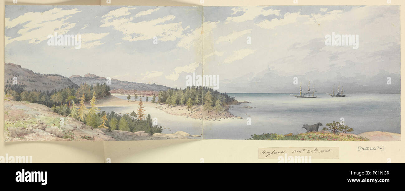 . English : 'Hogland, 24 Augt 1855' [Finlande] no 4 dans la Baltique de Fanshawe et plus tard, l'album 1843 - 83. Un dessin panoramique sur deux feuilles jointes, le droit l'un coincé sur la page de l'album, qui est sous-titrée par l'artiste sous l'image, comme titre. L'île de Hogland se trouve dans le golfe de Finlande, au sud de Kotka, et entre Tallinn et St Petersbourg sur le sud (Russe). En 1788, il a été le site d'une bataille navale dans la guerre Russo-Swedish. Fanshawe ici montre les différends, sa vue plus rapprochée de l'église étant PAI4675. Les navires sur le droit sont sa propre vapeur corvette 'Cos Banque D'Images