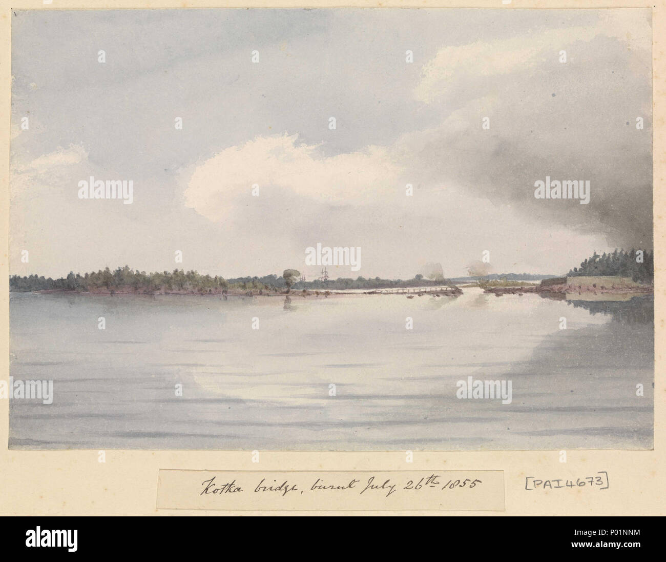 . English : 'pont de Kotka, brûlé le 26 juillet 1855' [Finlande] no 1 dans la Baltique de Fanshawe, service plus tard et album de vacances 1843 - 83. Sous-titrée par l'artiste sur la page de l'album sous l'image, comme titre. La ville historique et le port de Kotka est sur le côté nord du golfe de Finlande, à l'est de Helsinki Helsingfors (moderne) et à mi-chemin entre Tallinn et St Petersbourg sur le côté sud du Golfe. Il se trouve sur une île reliée au continent par un pont-jetée. Bien qu'un Fort Russe abandonné sur une île voisine avait déjà été détruit, Kotka avait certaines casernes militaires, qui Ca Banque D'Images
